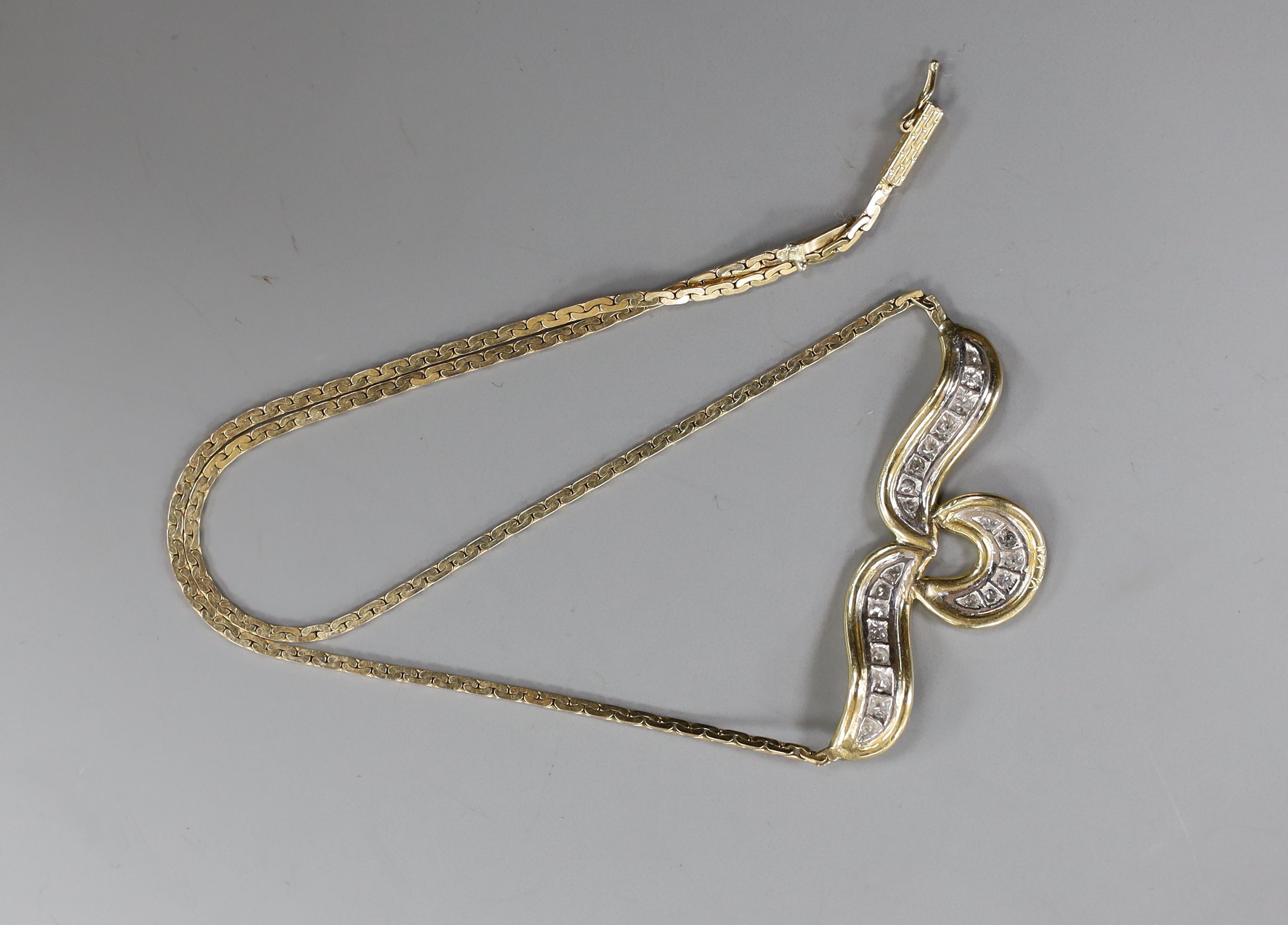 A modern 14k yellow metal and diamond cluster set necklace, 36cm, gross 10.4 grams.